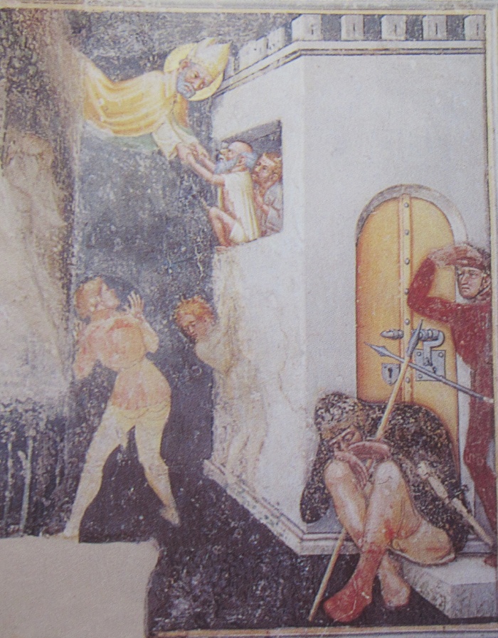 Agostino libera un prigioniero: affresco di Ottaviano nelli a Gubbio