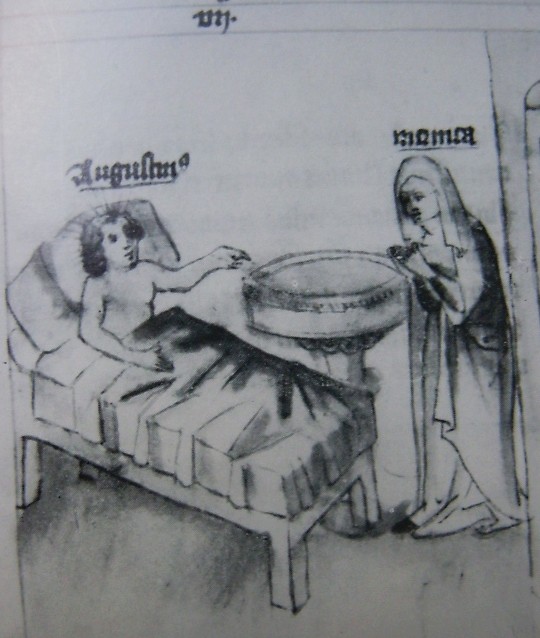 Agostino da bambino chiede il battesimo, immagine tratta dalla Historia Augustini
