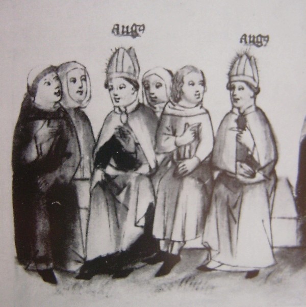 Agostino si intrattiene con religiosi e laici, immagine tratta dalla Historia Augustini