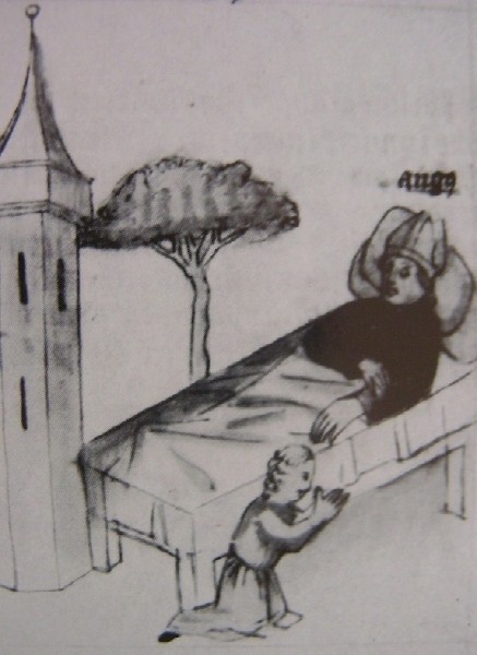 Agostino ammalato impone le mani a un bambino malato, immagine tratta dalla Historia Augustini