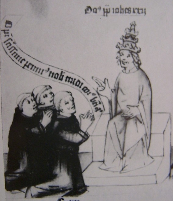 Gugliemo da Cremona chiede a papa Giovanni XXII di affidare il corpo del santo agli Eremitani, immagine tratta dalla Historia Augustini