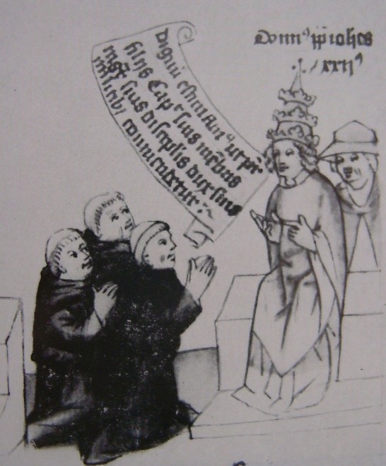 Giovanni XXII con l'approvazione dei cardinali affida il corpo di Agostino agli Eremitani, immagine tratta dalla Historia Augustini