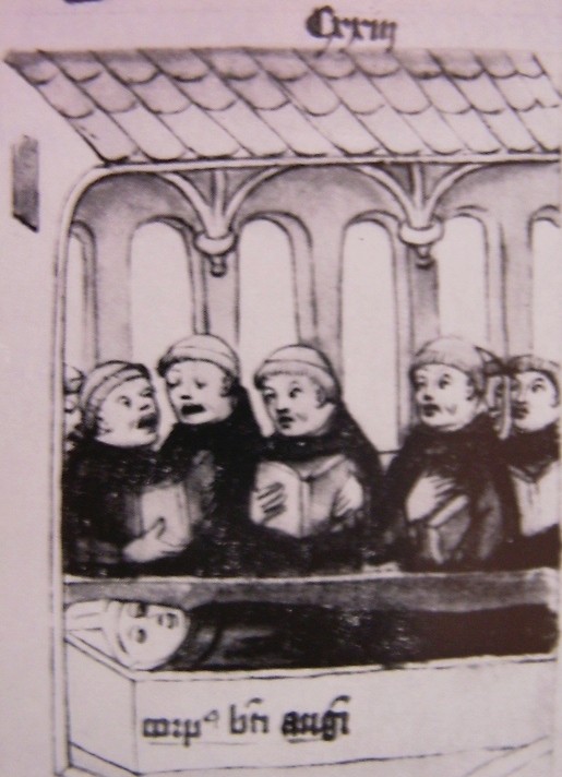 Canonici Regolari ed Eremitani celebrano insieme l'Ufficio funebre davanti al sepolcro, immagine tratta dalla Historia Augustini