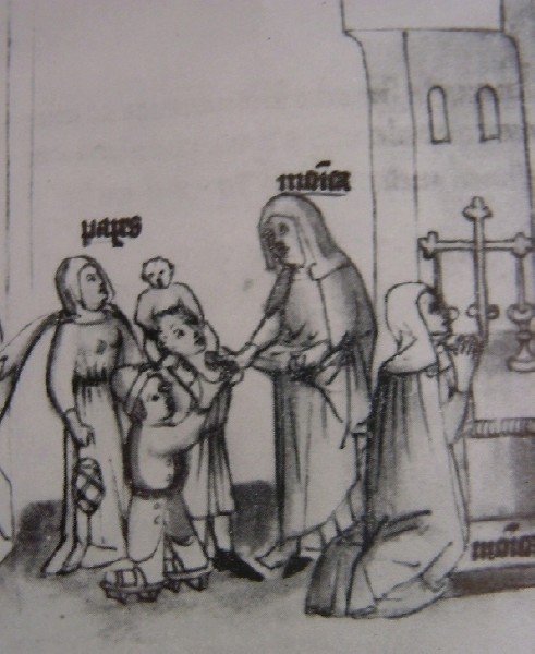 Monica distribuisce elemosine ai poveri e prega i santi, immagine tratta dalla Historia Augustini