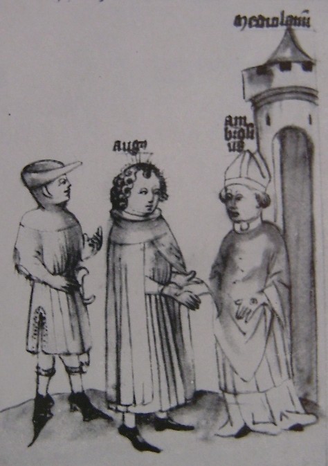 Agostino accolto da Ambrogio a Milano, immagine tratta dalla Historia Augustini