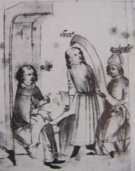 Agostino scrive ad Ambrogio, immagine tratta dalla Historia Augustini