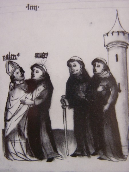 Agostino  accolto da Valerio vescovo di Ippona, immagine tratta dalla Historia Augustini