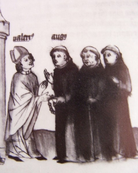 Valerio fa una donazione per costruire un monastero, immagine tratta dalla Historia Augustini