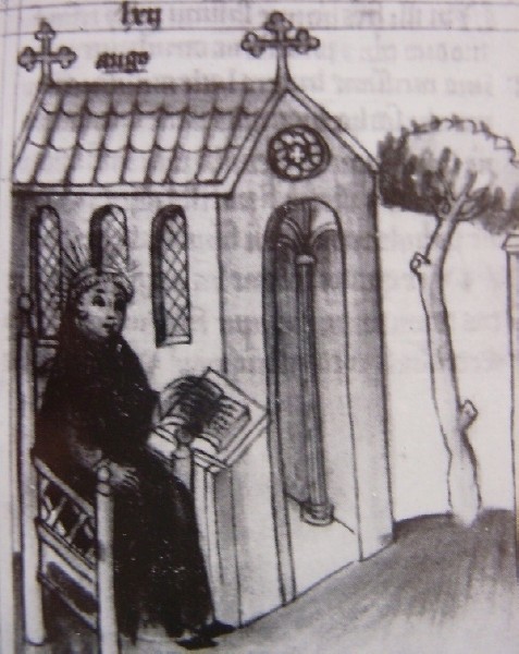 Agostino scrive libri e lettere a gloria della Chiesa, immagine tratta dalla Historia Augustini