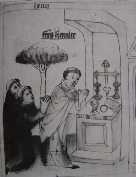I monaci assistono alla messa dell'ora sesta, immagine tratta dalla Historia Augustini