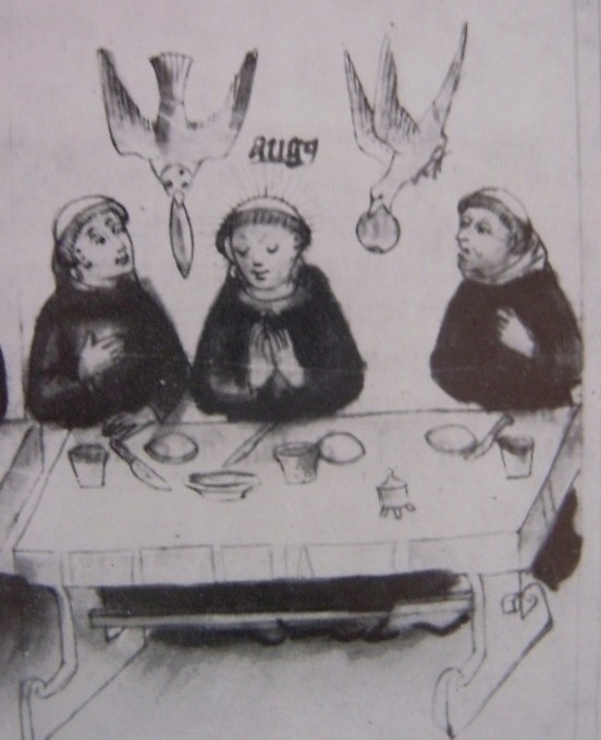 Due uccelli portano il cibo ai frati monaci, immagine tratta dalla Historia Augustini