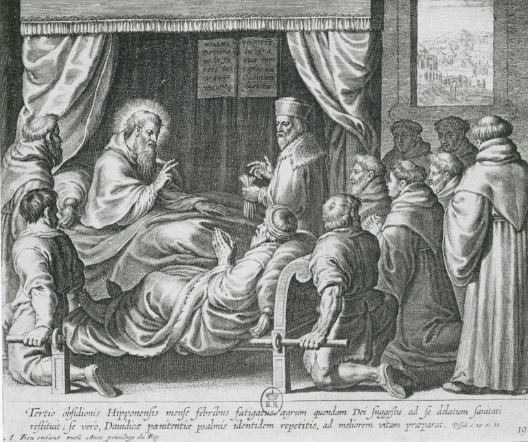 Agostino alla fine della sua vita guarisce un ammalato, dalla stampa di Bolswert pubblicata a Parigi nel 1624