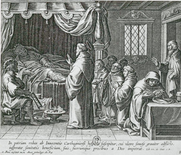 Agostino guarisce Innocenzio, dalla stampa di Bolswert pubblicata a Parigi nel 1624
