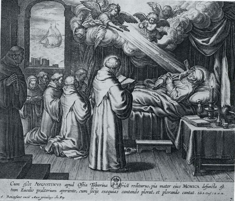 Morte di Monica, dalla stampa di Bolswert pubblicata a Parigi nel 1624