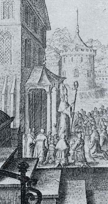 Agostino appare a dei pellegrini in viaggio e indica loro la strada per raggiungere la sua tomba a Pavia, dalla stampa di Bolswert pubblicata a Parigi nel 1624