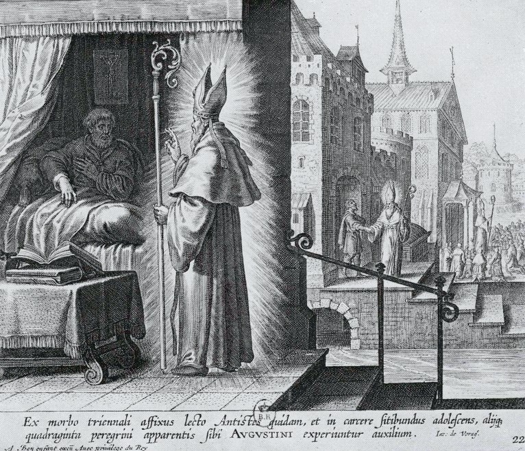 Agostino morto guarisce un priore e compie altri miracoli, dalla stampa di Bolswert pubblicata a Parigi nel 1624