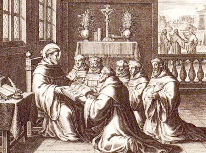 Agostino costruisce un monastero e d la regola, dalla stampa di Bolswert pubblicata a Parigi nel 1624