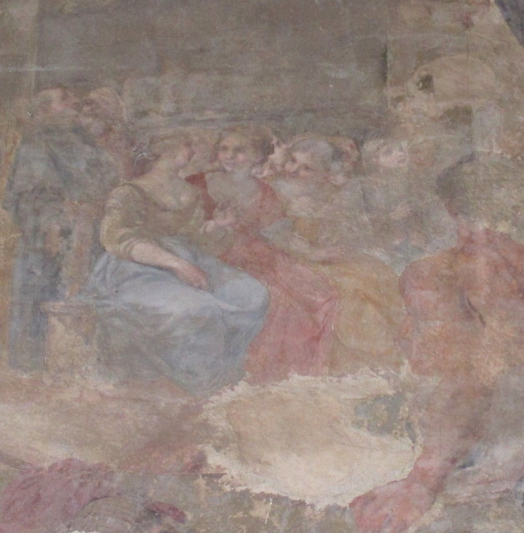 San Facondo viene assalito con sassi da numerose dame: particolare della dame che assistono alla predicazione