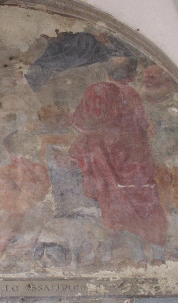 San Facondo viene assalito con sassi da numerose dame: particolare del santo che sta predicando
