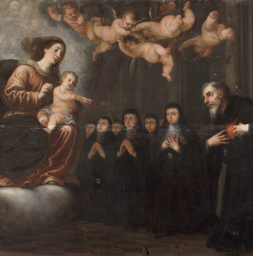 Agostino trafitto al cuore dalla Vergine e dal Bambino davanti un gruppo di monaci agostiniani