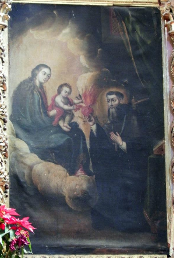 Agostino cardioforo offre il suo cuore alla Vergine e al Bambino nel retablo sull'altare maggiore della chiesa di sant'Agostino a Oaxaca in Messico