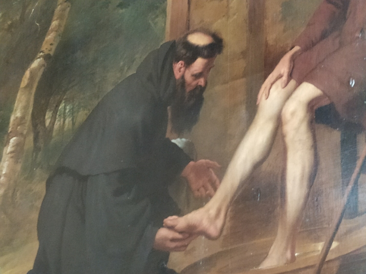 Agostino lava i piedi al Cristo pellegrino, opera di Erasmo Quellin (1635): particolare di Agostino