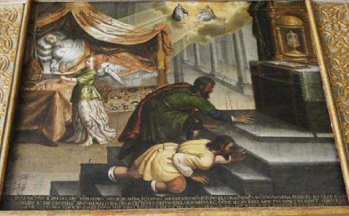 Morte di Agostino: le reliquie del suo cuore operano dei miracoli, opera di Miguel de Santiago nel convento agostiniano di Quito