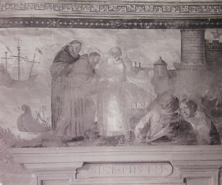 Affreschi di Ganassini nel chiostro della chiesa della SS. Trinit: Agostino chiede frati a Simpliciano e parte con la madre