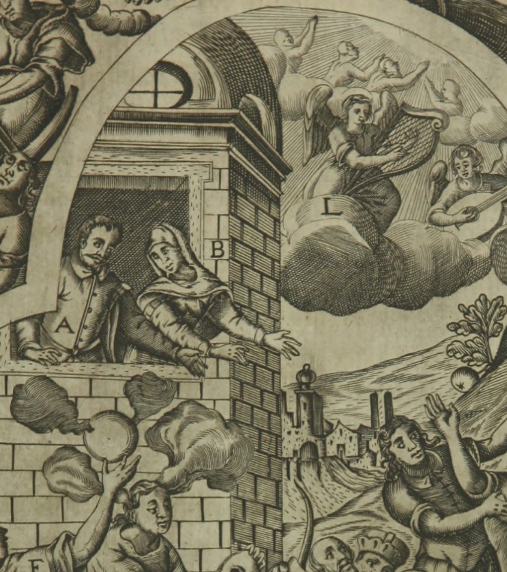 L'estasi di Ostia: particolare di Agostino e Monica affacciati a una finestra, stampa seicentesca di Johannes Wandereisen pubblicata nel 1631 a Ingolstadt
