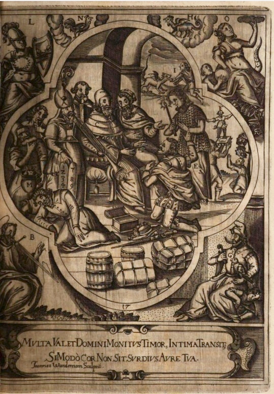 Agostino converte il manicheo Firmino, stampa seicentesca di Johannes Wandereisen pubblicata nel 1631 a Ingolstadt