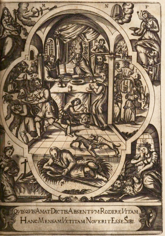 Agostino segue un regime di vita frugale, stampa seicentesca di Johannes Wandereisen pubblicata nel 1631 a Ingolstadt