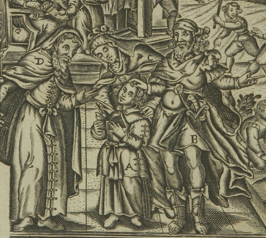 Il giovane Agostino  presentato al Maestro dai suoi genitori, particolare della stampa seicentesca di Johannes Wandereisen pubblicata nel 1631 a Ingolstadt