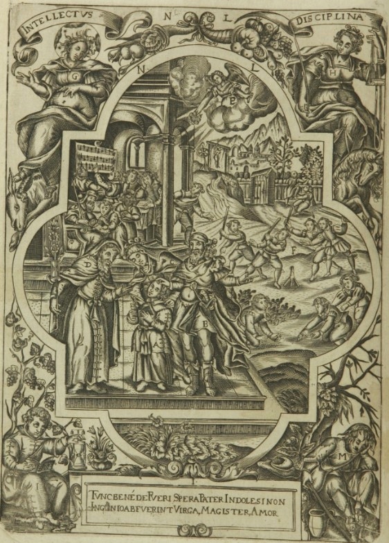 A scuola con i genitori e il furto delle pere, stampa seicentesca di Johannes Wandereisen pubblicata nel 1631 a Ingolstadt