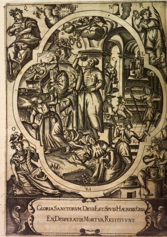 Agostino guarisce degli storpi accorsi alla sua tomba, stampa seicentesca di Johannes Wandereisen pubblicata nel 1631 a Ingolstadt