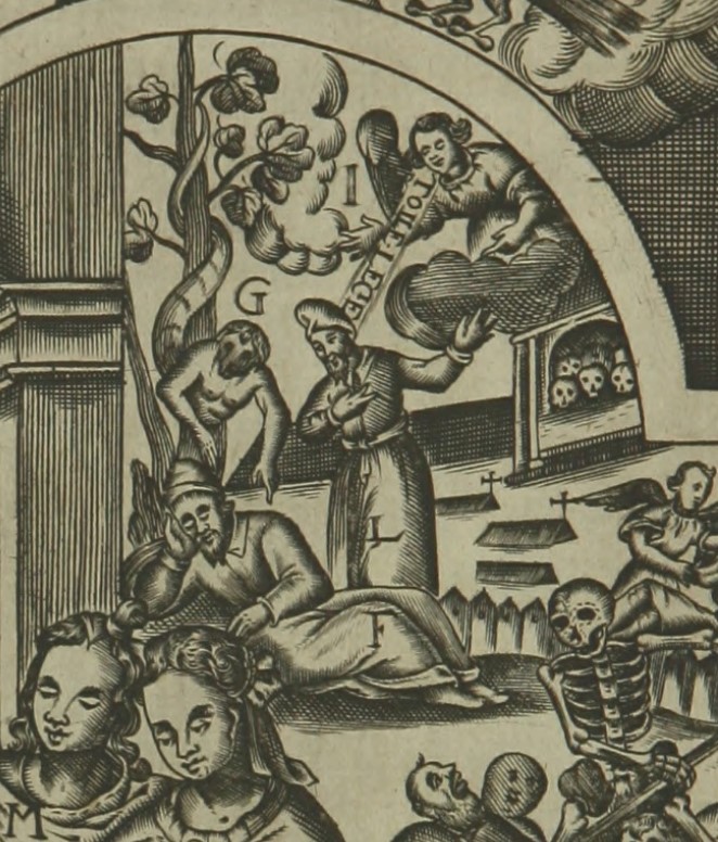 La scena del Tolle et Lege, stampa seicentesca di Johannes Wandereisen pubblicata nel 1631 a Ingolstadt