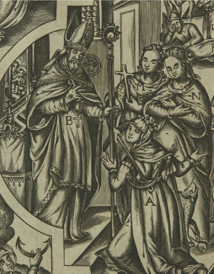 Monica consolata da un vescovo, stampa seicentesca di Johannes Wandereisen pubblicata nel 1631 a Ingolstadt