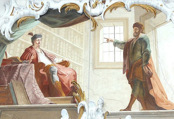 Agostino riceve la visita di Ponticiano che gli propone l'esempio degli asceti