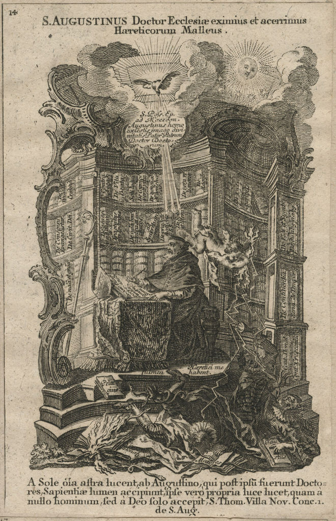 Agostino fonda una biblioteca con i suoi scritti contro gli eretici, da una Stampa dei fratelli Klauber