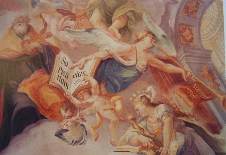 Particolare del libro aperto e dell'angelo: affresco di Johann Anwander a Munnerstadt