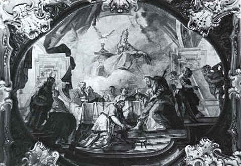 Agostino lava i piedi del Cristo pellegrino, dipinto di Gunther nella Abbazia agostiniana di Novacella