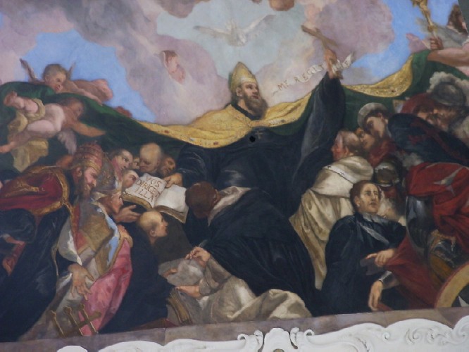 Agostino consegna la Regola, affresco di Reiner sul soffitto barocco della chiesa dei santi Tommaso ed Agostino a Praga