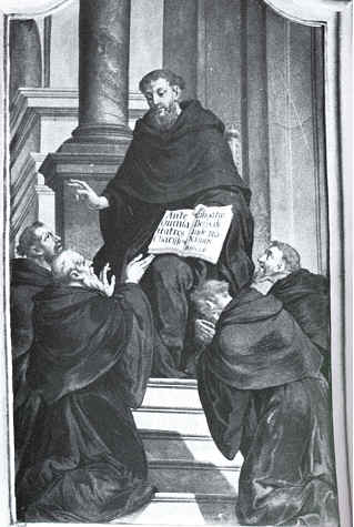 Agostino consegna la Regola ai suoi monaci in un affresco a Rattenberg