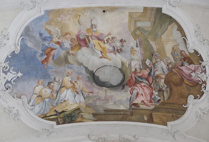 Affresco di Zimmermann nella chiesa parrocchiale di Weyarn che raffigura Agostino che benedice Weyarn
