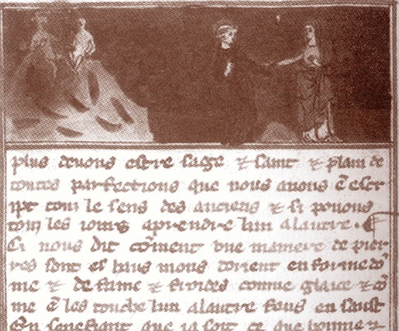 Agostino e Monica attraversano un fiume nel manoscritto ms 26 di Chantilly detto Ci nous dit