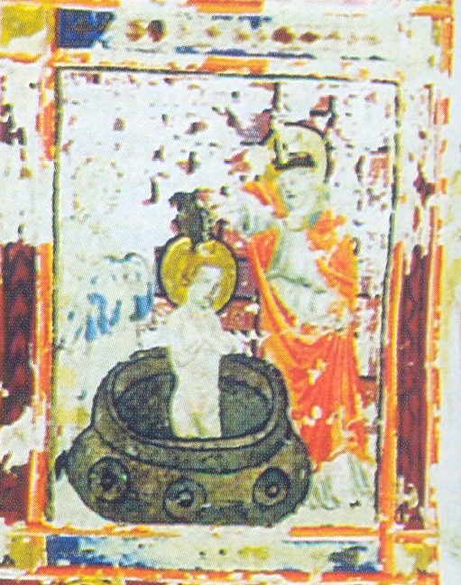Cortona, Biblioteca comunale, dalla Legenda Aurea ms. 22 f. 153v: Il battesimo di sant'Agostino