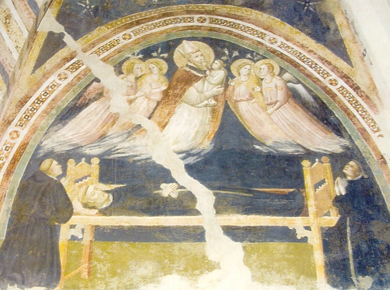 Agostino defunto porta con s l'anima di Ugo de Fontenay, affresco nella chiesa agostiniana di Fabriano