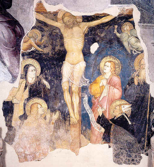 Agostino in ginocchio ai piedi del Crocifisso (1365-1370), affresco di Giovannino de' Grassi nella chiesa agostiniana di san Marco a Milano