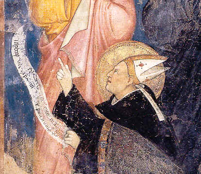 Agostino in ginocchio ai piedi del Crocifisso (1365-1370), affresco di Giovannino de' Grassi nella chiesa agostiniana di san Marco a Milano