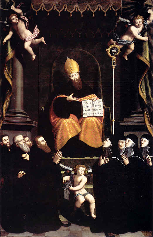 Agostino in trono consegna la regola a monaci e monache nella chiesa agostiniana di san Marco a Milano