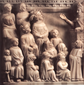 Agostino e Alipio ascoltano le prediche di Ambrogio, scultura dell'Arca di sant'Agostino in san Pietro in Ciel d'Oro a Pavia